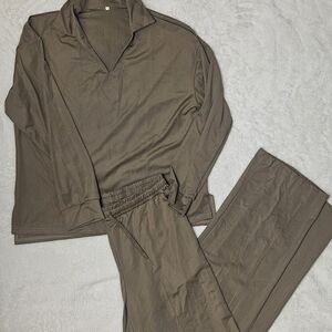2-Piece Lounge Set: Coffee Brown V-Neck Top and Wide Leg Pants